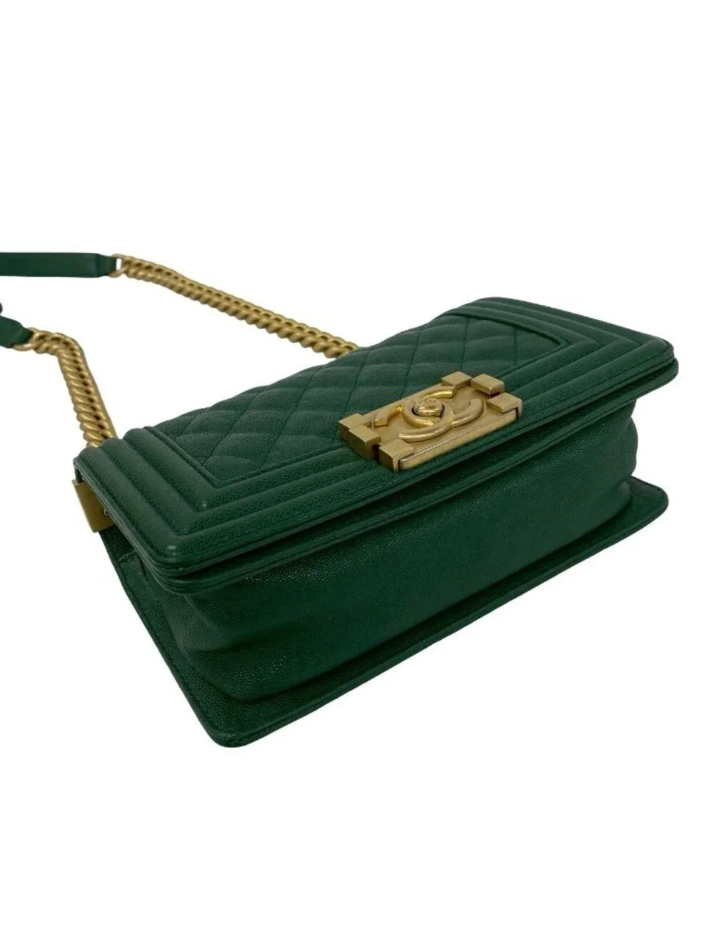 Chanel With Card Boy CC Logo Caviar Leather Shoulder Bag Green